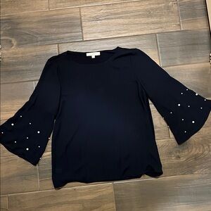 LOFT Navy Blouse with Pearl Sleeve Details